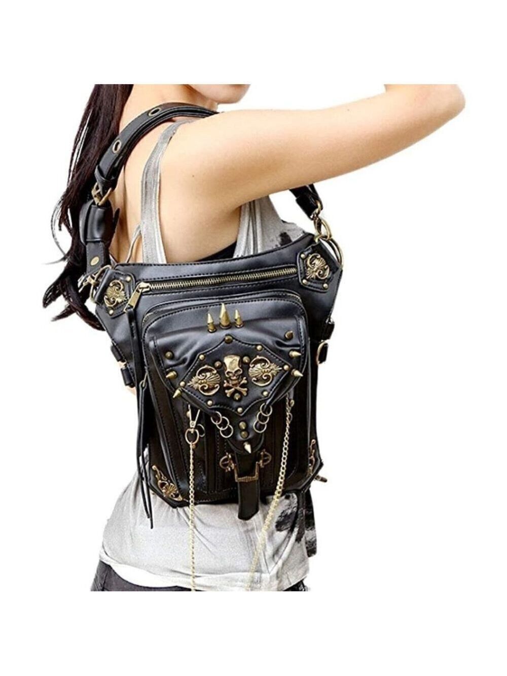 𝅺BLACK Leather Skull Waist Bag Fanny Pack Gothic Shoulder Bag Biker Rocker NWT